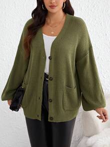 SHEIN Unity 大碼落肩袖口袋貼布開襟衫 - 軍綠色 - 查看 6