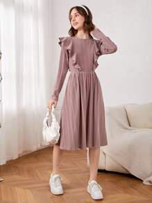 SHEIN 青少年女孩针织罗纹套头毛衣裙（带短袖）