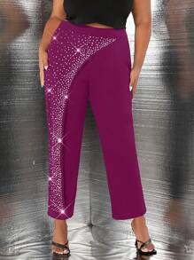 SHEIN SXY Celana Ukuran Plus Kontras Sequin Berlian buatan Plain Pesta - Red Violet - View 1
