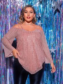 Slaydiva 大碼挖肩不對稱下擺亮片襯衫 - 粉色 - 查看 5