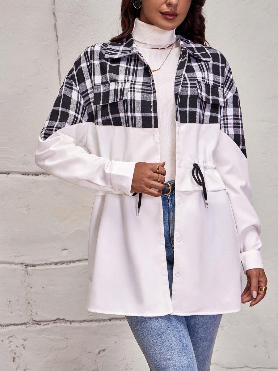 SHEIN LUNE 拼接格紋印花腰部抽繩落肩袖外套 - 黑與白 - 查看 1