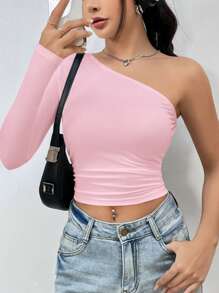 SHEIN Unity Top Corto Con Un Hombro Fruncido Y Lateral, Top Para Salir - Rosa - Ver 6