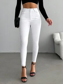 EURMUSE Solid Zipper Fly Skinny Cropped Jeans - White - View 4