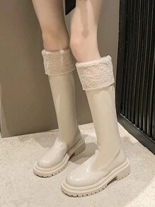 女性毛邊素色及膝靴 - 白色 - 查看 1