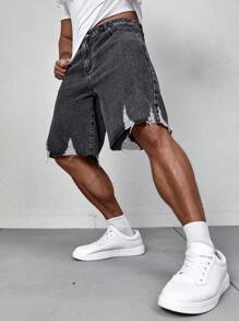 SHEIN Manfinity Homme 男款鬆身撕破口袋彈性牛仔短褲 - 深灰色 - 查看 5