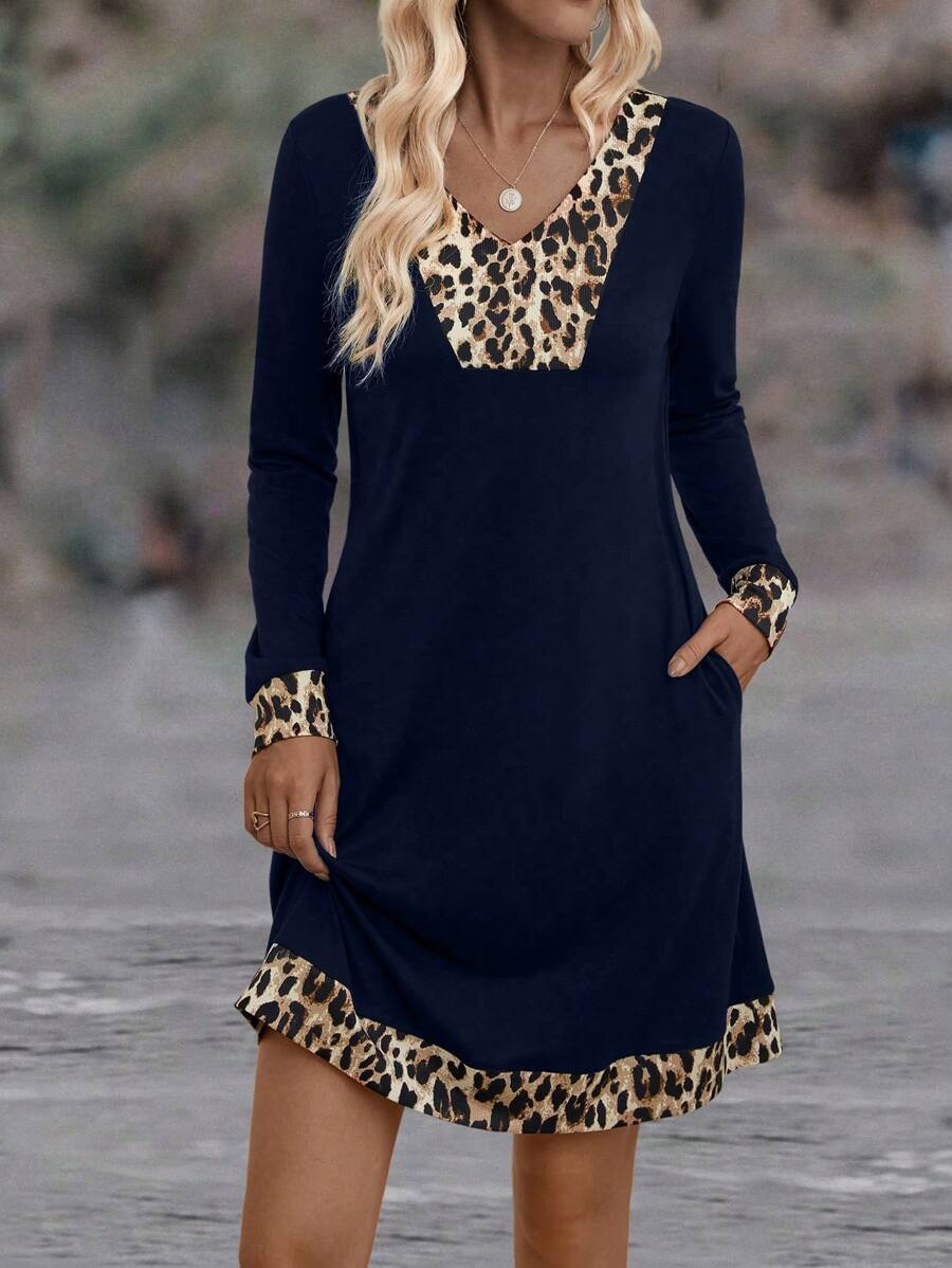 EMERY ROSE Leopard Print Hidden Pocket Tee Dress - Blue - View 1
