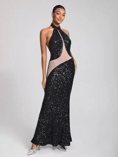 FURNANDA 设计师对比色网眼闪亮亮片吊带连衣裙，夏季优雅连衣裙，适合节日、派对、生日服装、节日、婚礼、舞会礼服