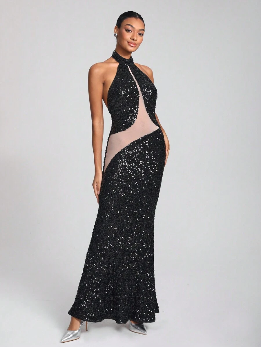 FURNANDA 设计师对比色网眼闪亮亮片吊带连衣裙，夏季优雅连衣裙，适合节日、派对、生日服装、节日、婚礼、舞会礼服 - 黑色 - 查看 1