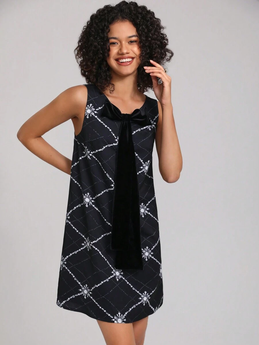 MINA Designer Graphic Print Tie Front Dress - Black - View 1