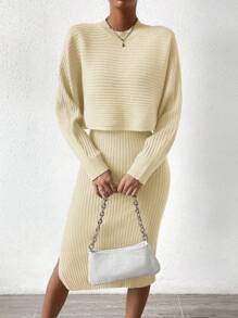 SHEIN Essnce de manga murciélago Jersey crop & tejido de canalé Vestido - Albaricoque - Ver 4