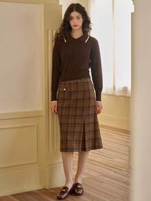 Simple Retro Viền tương phản Xoắn Dan Áo len - Cà phê nâu - Xem 3