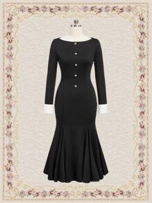 Vintamour 复古风格女式鱼尾露肩连衣裙 - 黑與白 - 查看 3