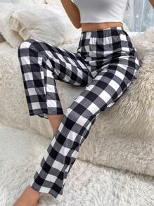 Buffalo Plaid Print Pajama Sleep Pants - Black and White - View 3