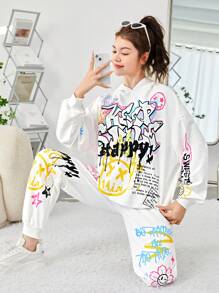 SHEIN Thiếu niên cô gái Đồ họa Hoạt hình Áo Hoodie & Quần thể thao - trắng - Xem 4