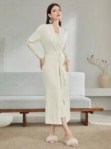 Modelyn Váy len Cami trơn và áo khoác Cardigan không có thắt lưng - Màu be - Xem 4
