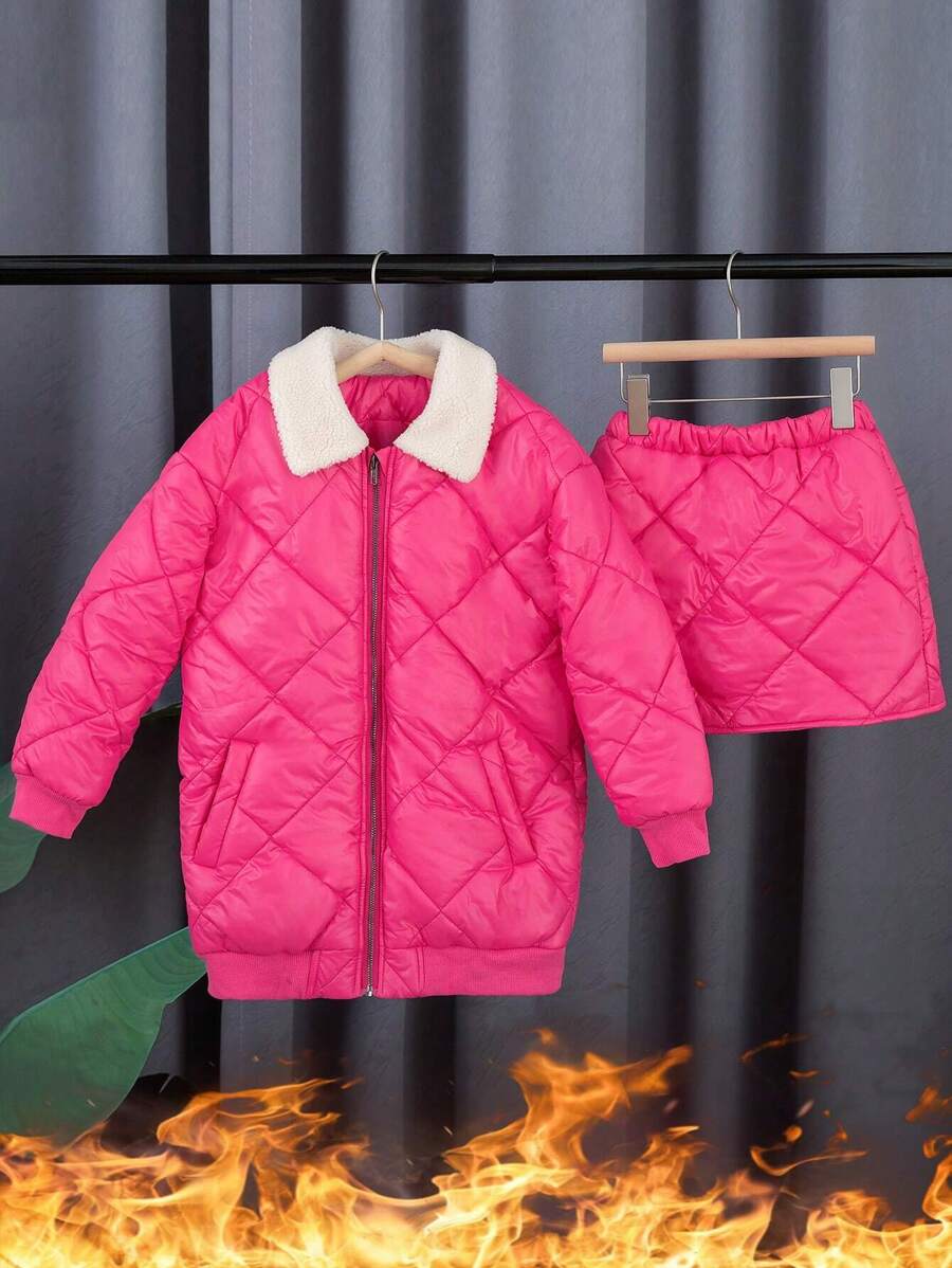 SHEIN Adolescent Fille À Col Sherpa Manteau Matelassé & Jupe - Rose vif - Voir 1