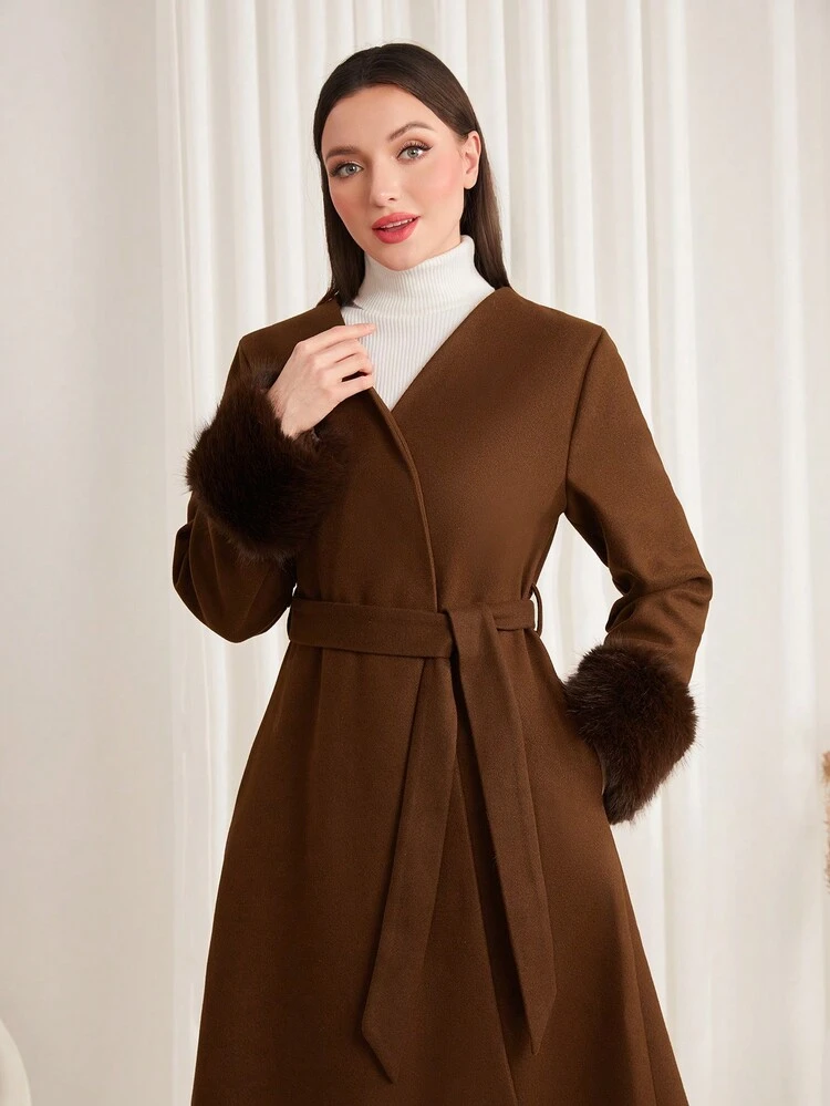 Ladies' Belted Woolen Coat With V-neck Design