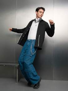 Manfinity VCAY Men 1pc Letter Patched Detail Drawstring Waist Denim Shirt - Black - View 5