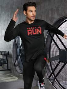 Manfinity Sport Corelite 男士字母图案运动 T 恤长袖衬衫 - 黑色 - 查看 3