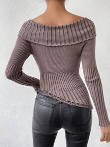Chiquease Letter Embroidery Foldover Off Shoulder Ripped Asymmetrical Hem Knit Pullover Fall Winter Sweater - Coffee Brown - View 2