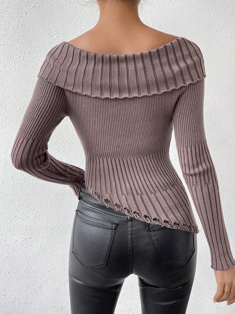 Letter Embroidery Foldover Off Shoulder Ripped Asymmetrical Hem Knit Pullover Fall Winter Sweater