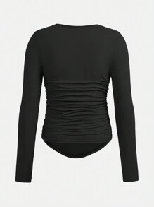 SHEIN Teenager Mädchen Gestricktes, einfarbiges, plissiertes T-Shirt mit quadratischem Ausschnitt, 2 teiliges Set