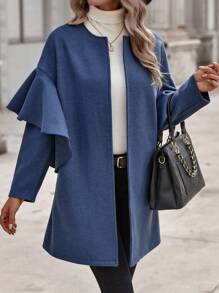 SHEIN Clasi Ruffle Trim Open Front Tweed Overcoat - Navy Blue - View 6