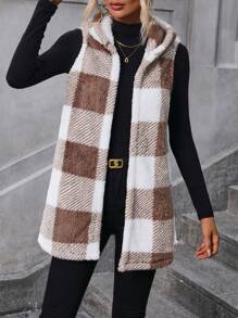 SHEIN LUNE 大方格圖案連帽絨毛外套馬甲 - 棕色 - 查看 4