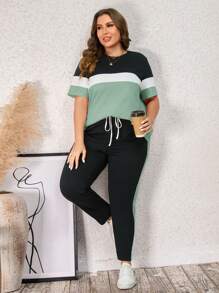SHEIN LUNE Plus Colorblock Tee & Drawstring Waist Pants For Summer - Multicolor - View 5