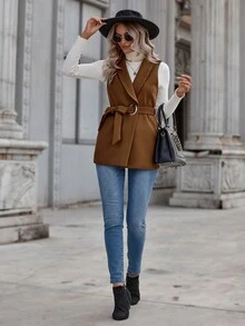 EMERY ROSE Shawl Collar Belted Vest Overcoat - Camel - View 4