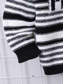 SHEIN Young Boy Striped & Letter Pattern Sweater - Black and White - View 4