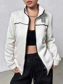 SHEIN Unity 女子拉鍊前襯衫,附有字母繡花 - 米色 - 查看 3