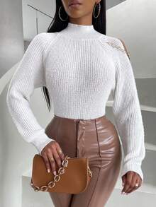 SHEIN Slayr 鏈條細節鏤空插肩袖小高領套頭毛衣 - 白色 - 查看 5
