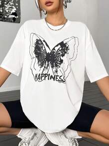 SHEIN Unity Camiseta de hombros caídos con estampado de mariposa y letra - Blanco - Ver 1