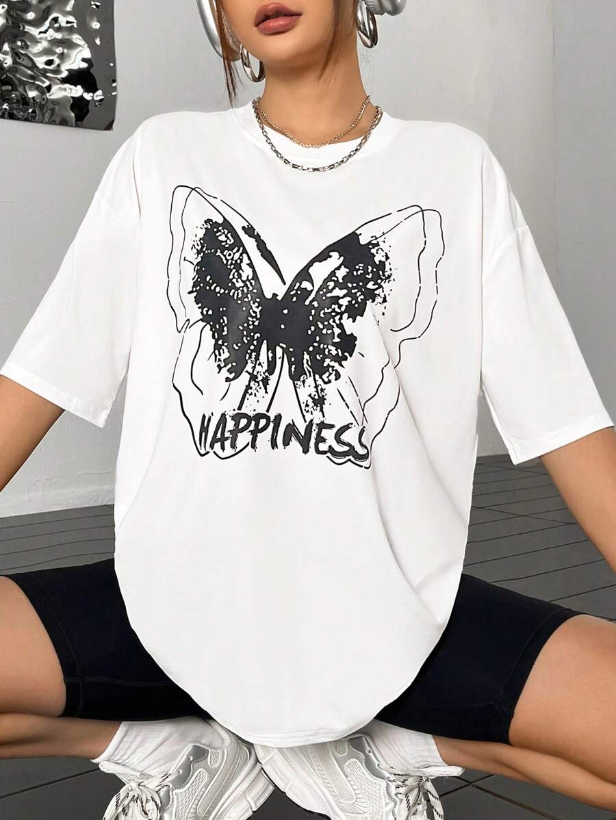 SHEIN Unity Camiseta de hombros caídos con estampado de mariposa y letra - Blanco - Ver 1