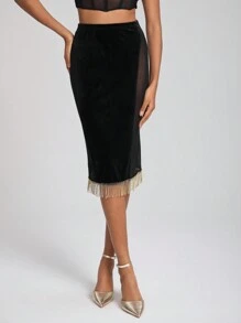 Jhome Apparel Designer Contrast Mesh Fringe Hem Velvet Elegant Skirt, For Summer, Holiday, Party, Festival - Black - View 5