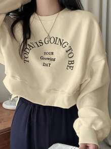 DAZY Embroidery Slogan Pattern Drop Shoulder Oversized Pullover,Long Sleeve Tops,Fall Women Clothes