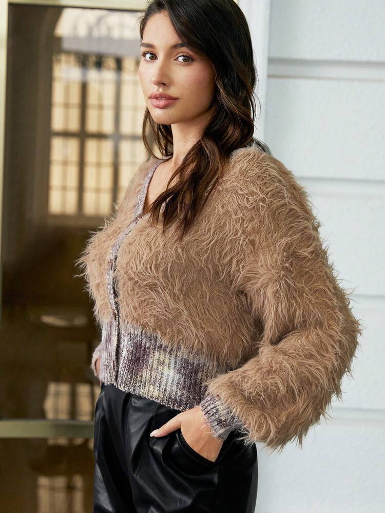 Button Front Fluffy Knit Cardigan Fall Cloth For Women