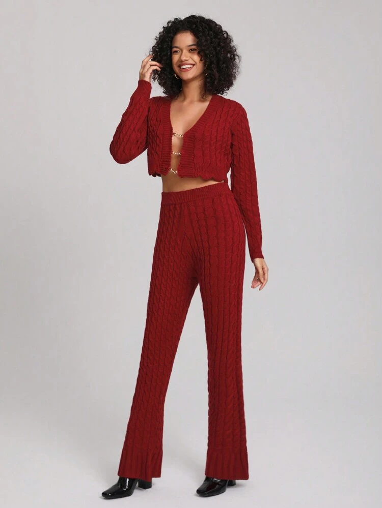 Designer Solid Crop Cardigan & Flare Leg Cable Knit Pants, Women Clothes, For Holiday, Vacation, Festival, Ibiza Fits