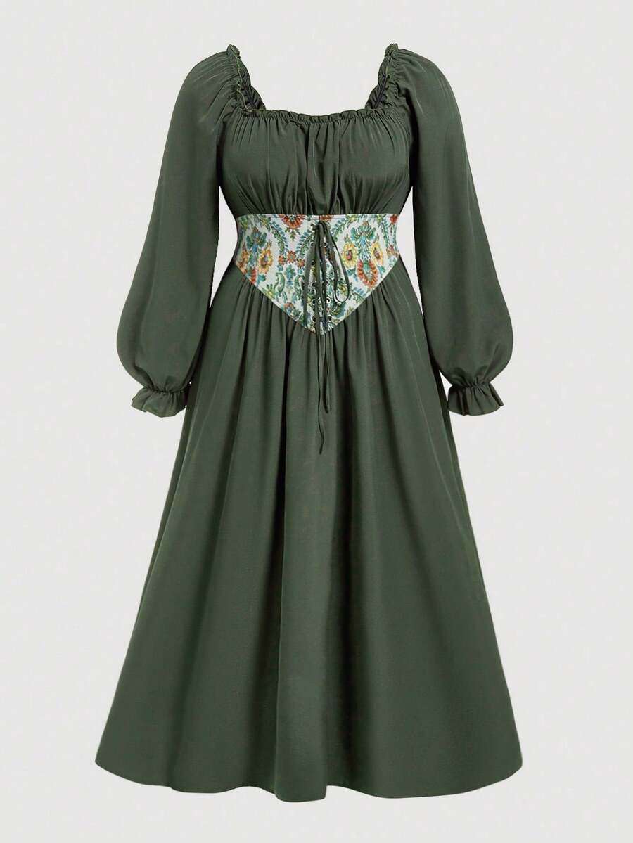 SHEIN Unity Plus Floral Lace-up Waist Flare Sleeve Dress - Army Green - View 1