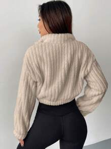 SHEIN EZwear Sudadera corta de media cremallera con caída de hombros color caqui, blusas de manga larga