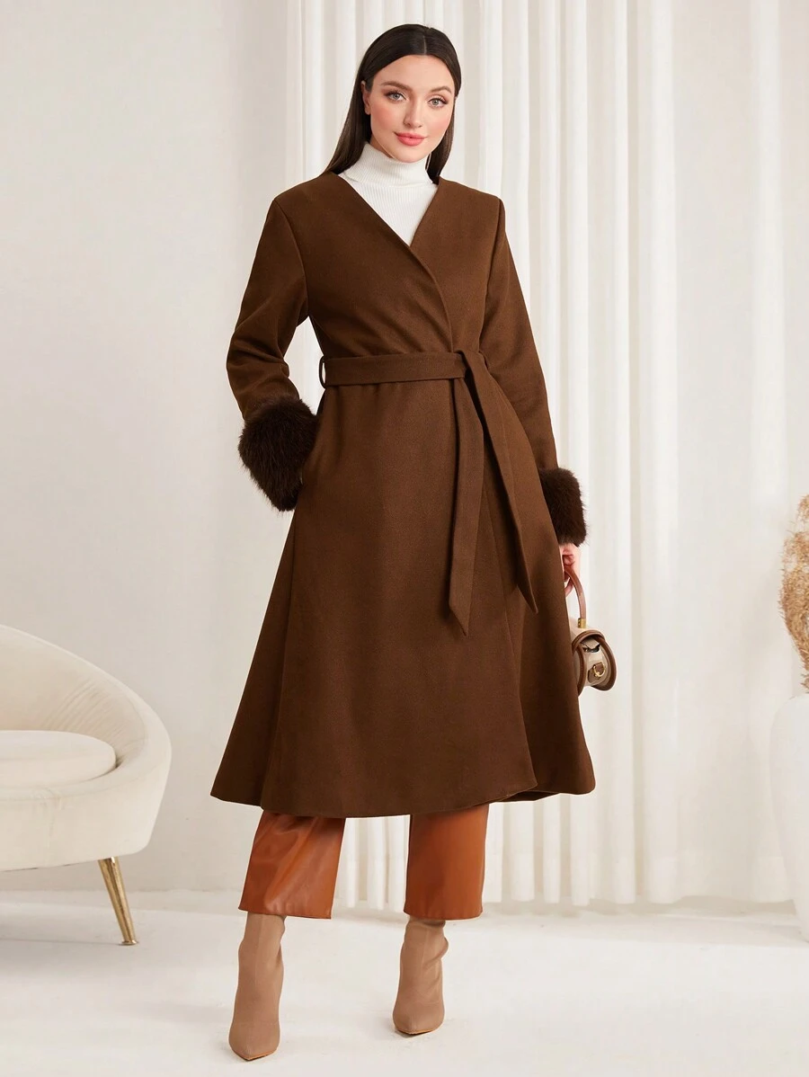 Modelyn Ladies' Belted Woolen Coat With V-neck Design - Coffee Brown - View 1