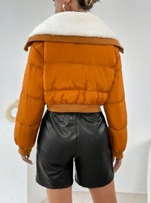 SHEIN Essnce Áo khoác đệm ngắn có khóa kéo Borg Collar - màu nâu - Xem 2