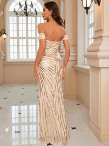 Off Shoulder Wrap Hem Sequin Prom Dress - Champagne - View 2