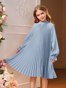 SHEIN 女大童1入組後綁帶蝴蝶結荷葉袖百褶洋裝 - 霧霾藍 - 查看 2