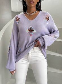 Zolique Sequin Decor Drop Shoulder Ripped Knit Pullover Fall Winter Sweater - Purple - View 3
