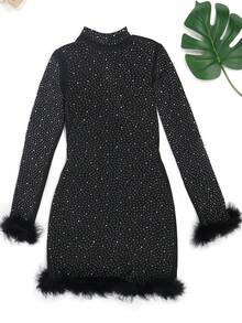 Women's Fake Feather Hot Drilling Long Sleeve Bodycon Hip Wrap Party Dress - Black - View 3