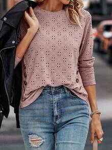 SHEIN LUNE 女式空心針織t恤 - 粉色 - 查看 4