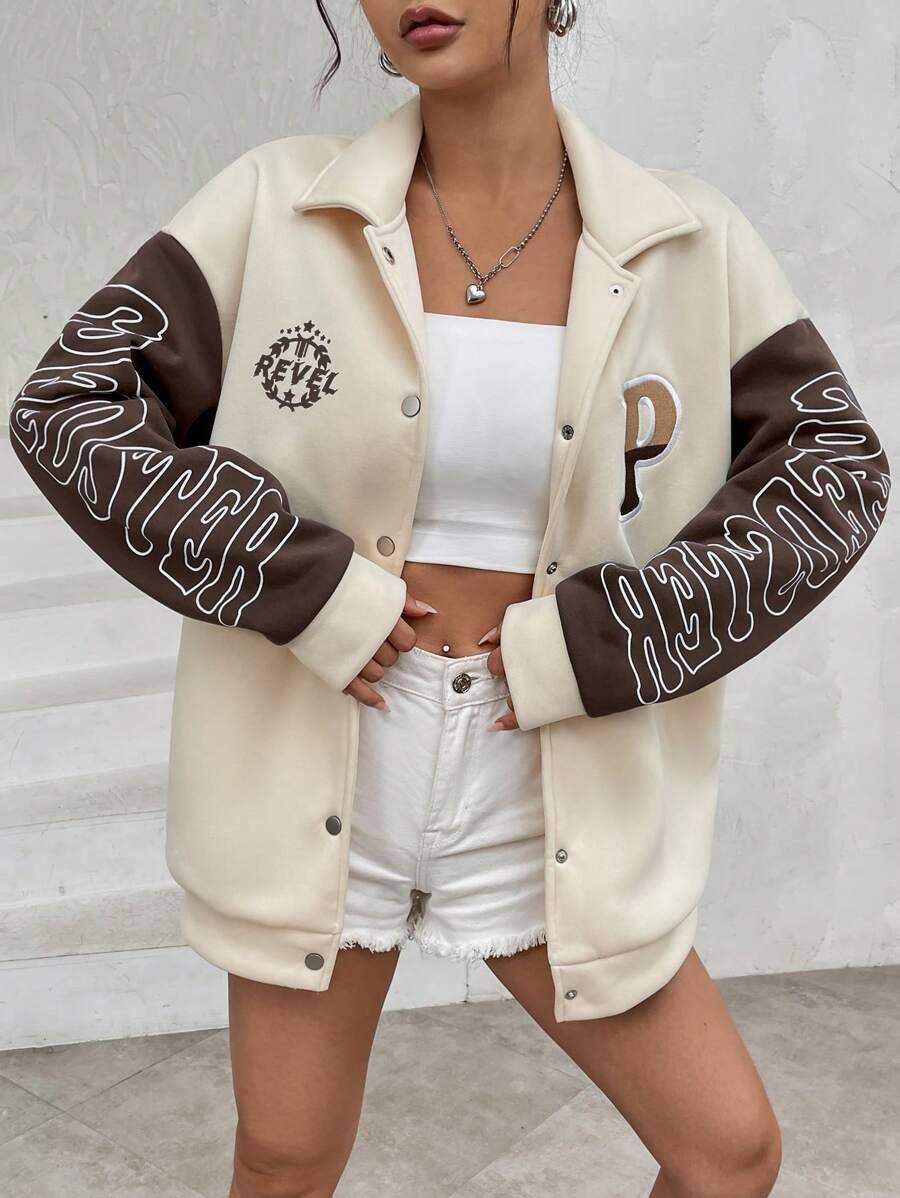 SHEIN Unity Chaqueta casual de manga larga con botones delanteros y estampado de letras en contraste de color