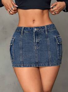 SHEIN ICON 翻蓋口袋牛仔半身裙 - 深色水洗藍 - 查看 3